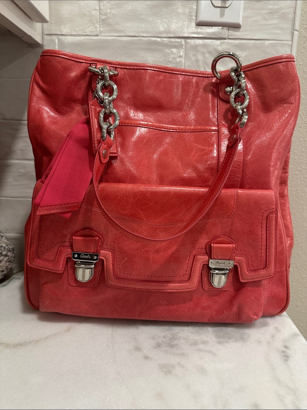 Coach Tote. Coral pink leather with Front Flap Pocket and Silver Hardware - Picture 3 of 13